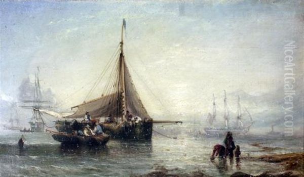 Shipping On A Calm Sea Oil Painting by William Adolphu Knell