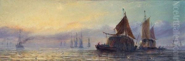 Hay Barges At Dusk Oil Painting by William Adolphu Knell