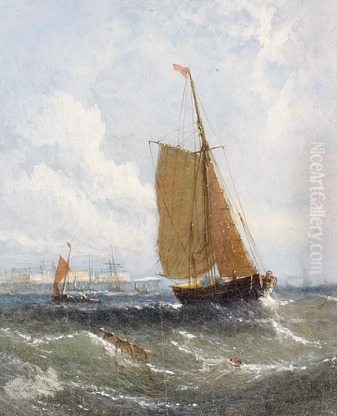 Fishing Boats In Choppy Waters Oil Painting by William Adolphu Knell