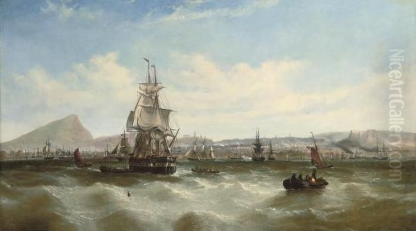 A Merchantman Preparing To Leave
 Her Anchorage Amidst Othershipping Off Leith, With A Panorama Of 
Edinburgh Beyond Oil Painting by William Adolphu Knell