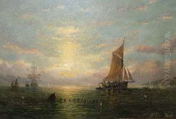 Shipping At Sunset With A Distant Man-o-war Oil Painting by William Adolphu Knell