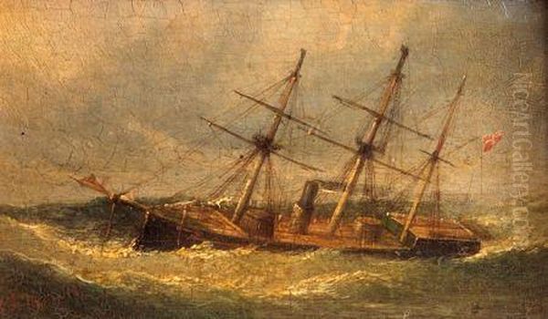 Study Of A Three Masted Vessel In Stormy Sea Oil Painting by William Adolphu Knell