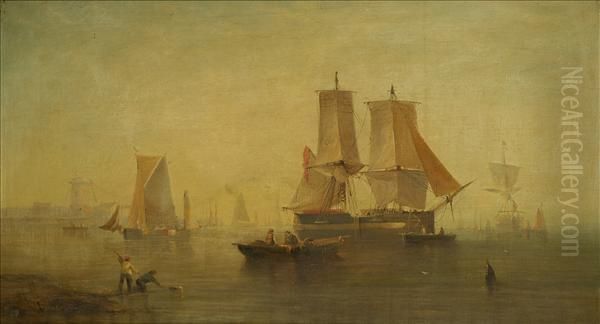 Fishingboats And Merchantmen Off A Dutch Harbour Oil Painting by William Adolphu Knell