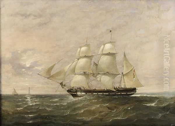 Sailing Vessel, Believed To Be 
The Brightman, Off A Coast With Lighthouse In The Distance Oil Painting by William Adolphu Knell