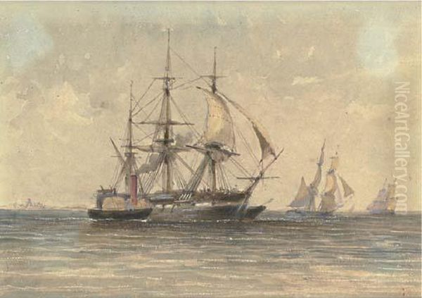 A Merchantman In Tow Oil Painting by William Adolphu Knell