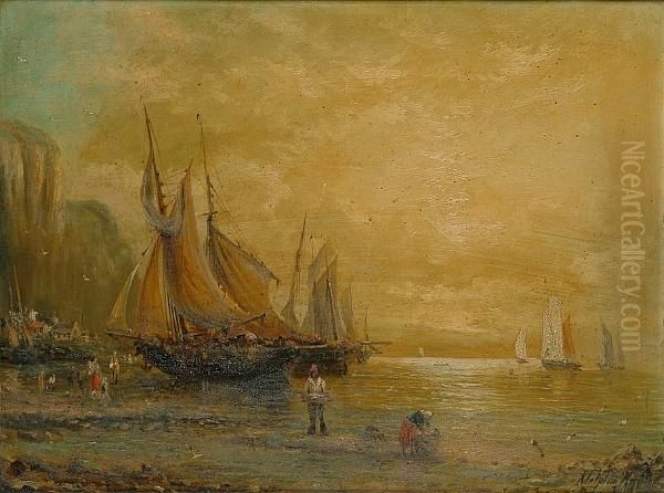 Fisherfolk On The Shore Oil Painting by William Adolphu Knell