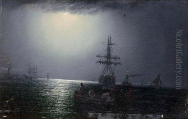 Fishing In The Moonlight; Stormy Seas Oil Painting by William Adolphu Knell