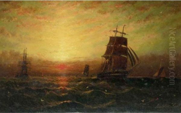 Shipping At Sunset; Fishing In Rough Seas Oil Painting by William Adolphu Knell