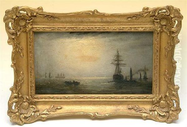 A Calm Sea With Sailing Vessels At Moonlight Oil Painting by William Adolphu Knell