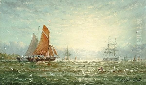 Shipping At Dawn; Returning Home At Dusk Oil Painting by William Adolphu Knell