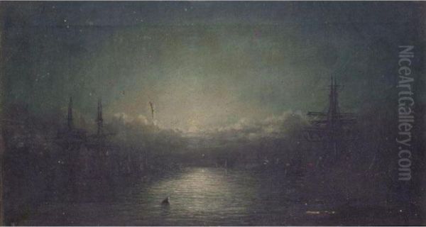 Moonlit Harbour Oil Painting by William Adolphu Knell