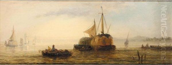 Hay Barge; Shipping By Moonlight Oil Painting by William Adolphu Knell