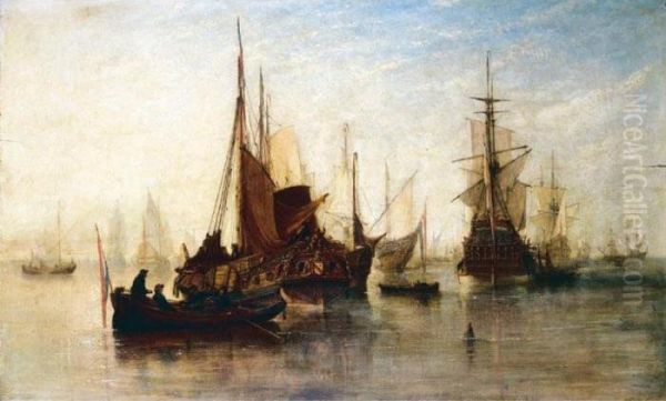 The Dutch Fleet At Anchor On The River Thames Oil Painting by William Adolphu Knell