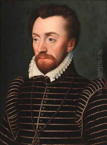 Portrait of Louis I de Bourbon, Prince de Conde (1530-1569), bust-length, in a gold-embroidered doublet Oil Painting by Francois Clouet