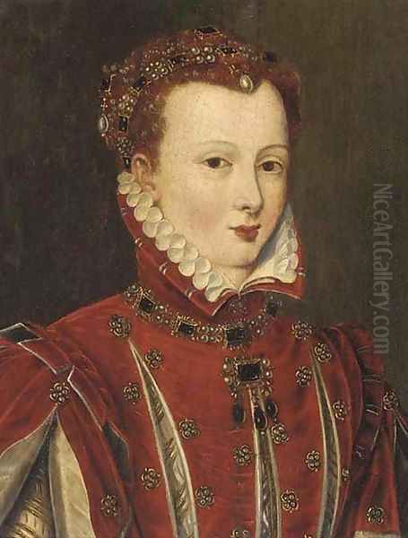 Portrait of a lady, thought to be Mary Queen of Scots (1542-1587), bust-length, in a red slashed doublet and jewelled headdress Oil Painting by Francois Clouet