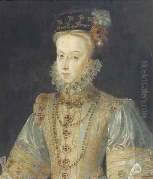 Portrait of Maria of Austria, half-length, in a silver silk dress Oil Painting by Francois Clouet