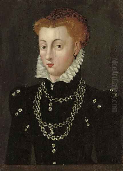 Portrait of a lady, traditionally identified as Mary Queen of Scots (1542-1587), half-length, in a black dress and white ruff with a gold necklace Oil Painting by Francois Clouet