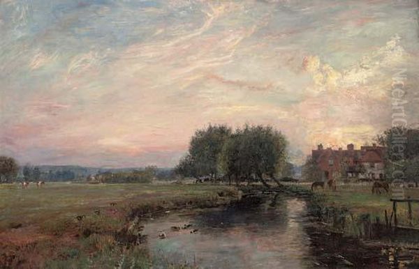 A Peaceful River Landscape At Sunset Oil Painting by John William Buxton Knight