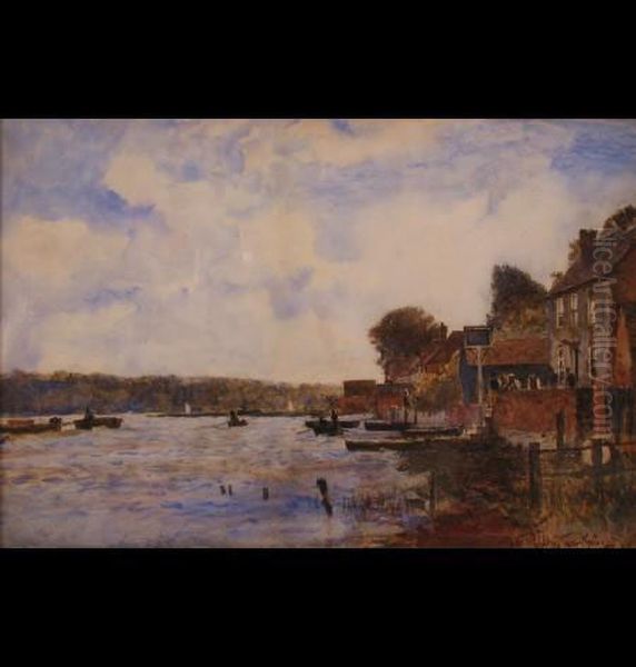 A Riverside Hostelry With Figuresand Boats Oil Painting by John William Buxton Knight