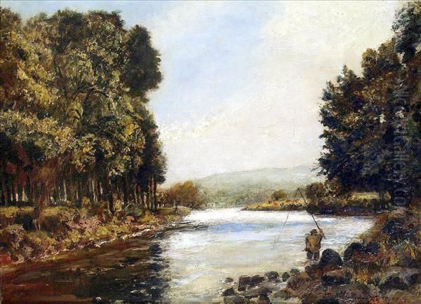 Riverscene With Angler Oil Painting by John William Buxton Knight