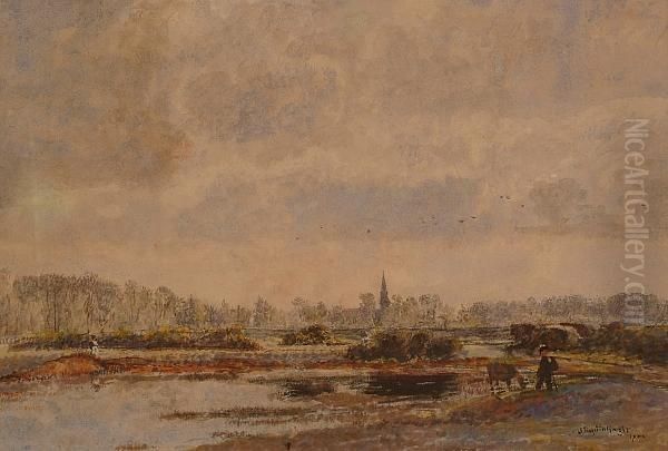 Figures In A Landscape With A Church Beyond. by John William Buxton Knight