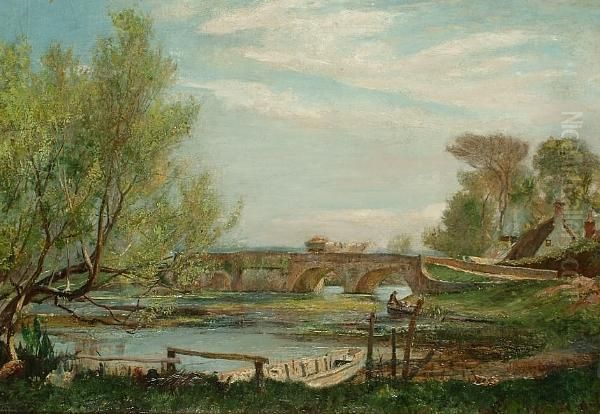 A River Landscape In Summer With A Horse And Cart Crossing A Bridge Oil Painting by John William Buxton Knight