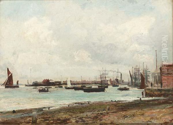 A Harbour At Low Tide Oil Painting by John William Buxton Knight