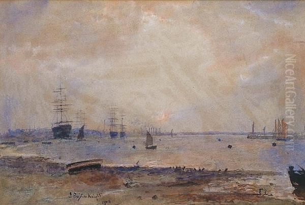 Ships Of The Line Moored In A Bay Oil Painting by John William Buxton Knight