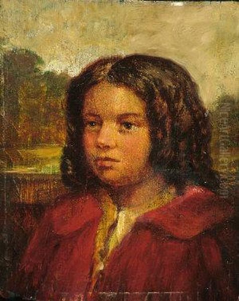 A Bust Portrait Of A Small Girl Wearing A Red Coat And A Landscape In The Background Oil Painting by Joseph Knight