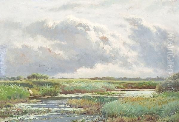 A Figure In A Punt Amongst Reeds Oil Painting by Joseph Knight