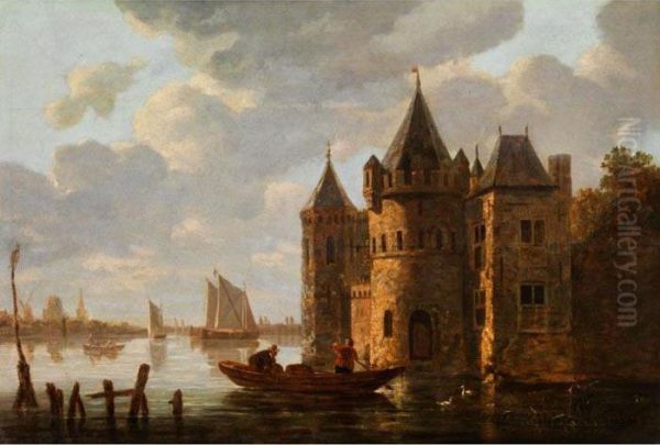 Niederlandische Kanallandschaft Mitburggebaude Am Ufer, Kahn Und Segelschiffen Oil Painting by Wouter Knijff