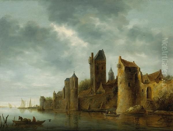 A View Of A Town By A River Oil Painting by Wouter Knijff