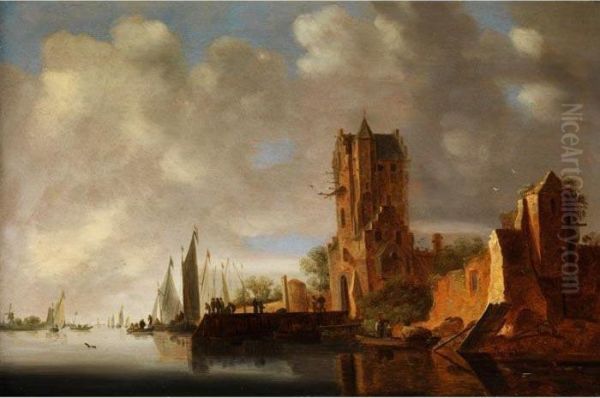 Flusslandschaft Mit Stadtturm Und Alter Stadtmauer Am Ufer Oil Painting by Wouter Knijff