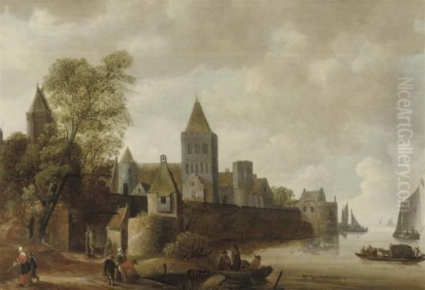 A Fortified Town By A River With Figures In Boats Oil Painting by Wouter Knijff