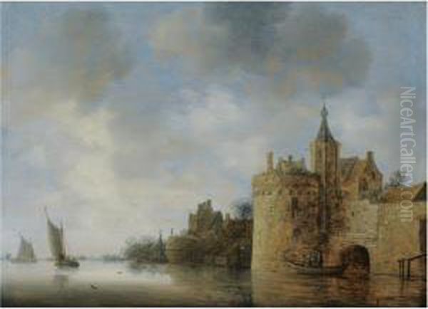 A River Estuary With Two 
Fishermen In A Rowing Boat Near A Fortified Town, Sailing Vessels Beyond Oil Painting by Wouter Knijff