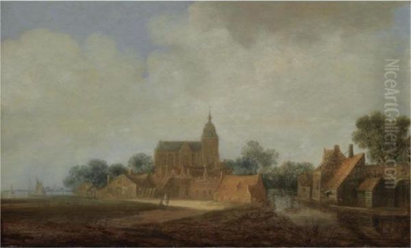 A View Of A Dutch Village With A Church, Figures Conversing On A Path, Shipping Nearby Oil Painting by Wouter Knijff