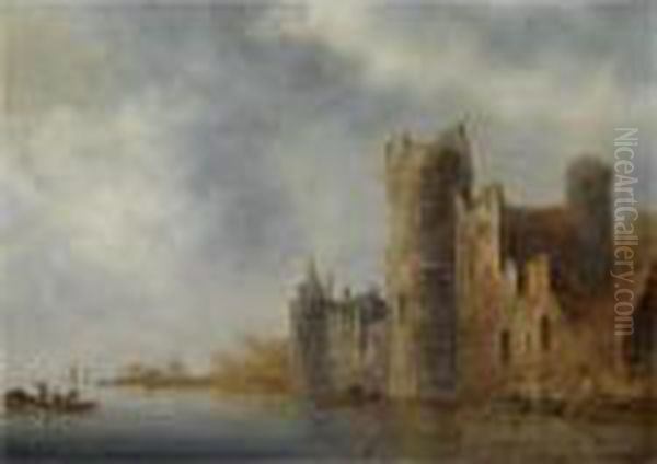 A River Landscape With A Ruined Castle And Men Casting A Net From A Rowing Boat Oil Painting by Wouter Knijff