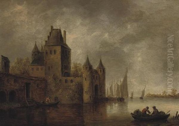 A River Landscape With A City Gate, Shipping Nearby Oil Painting by Wouter Knijff