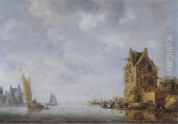 A River Landscape With Barges And Smalschips, A Fortified Town In The Distance Oil Painting by Wouter Knijff