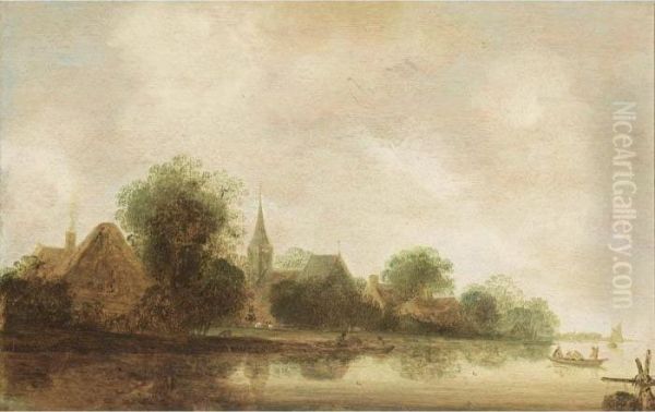 A River Landscape With Rowing Boats Near A Village And A Church Oil Painting by Wouter Knijff