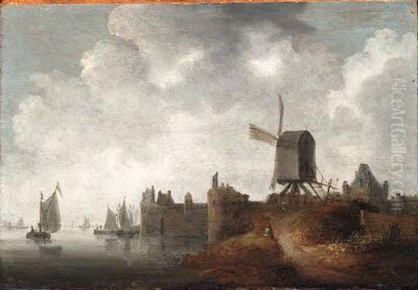 A River Landscape With A Windmill By A Town Oil Painting by Wouter Knijff