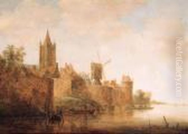 A View Of Delft From The River 
Schie, With The Oude Kerk, Thesteckmeulen And The Bagyntoren; Fishermen 
In Rowing Boats And Aferry Near Landing Stages Nearby Oil Painting by Wouter Knijff