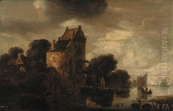 A River Landscape With Fishermen At A Landing Stage By A Tower,sailing Vessels Beyond Oil Painting by Wouter Knijff