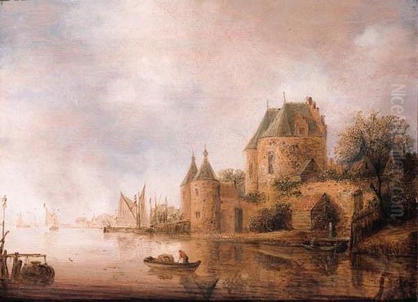 A View Of The St. Janspoort, Haarlem, With A Fisherman In A Rowingboat Nearby Oil Painting by Wouter Knijff