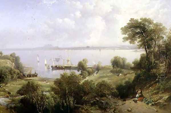 Aberdour Harbour, Edinburgh in the Distance, 1849 Oil Painting by Edmund Thornton Crawford