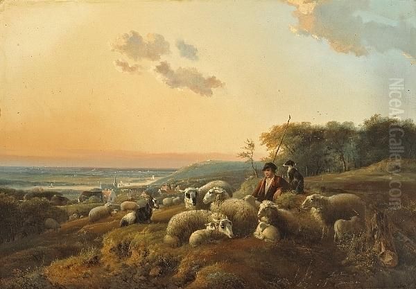 A Shepherd With His Flock In An Extensive Landscape Oil Painting by Joseph Augustus Knip