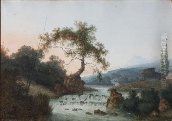 A Mountainous River Landscape With A Waterfall Oil Painting by Joseph Augustus Knip