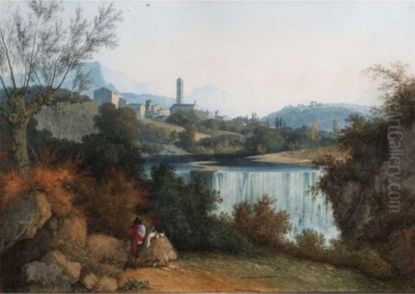 A River Landscape With A Village
 And A Tower In The Background, A Hunter With His Dog Resting Oil Painting by Joseph Augustus Knip