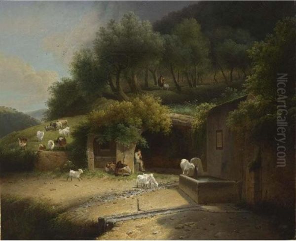 A Wooded Hilly Landscape With A 
Shepherd Resting In A Grotto With His Herd And A Donkey, Near A Fountain
 With Another Shepherd In The Background Oil Painting by Joseph Augustus Knip