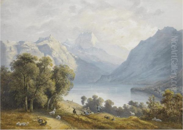 Alpine Landscape With A Young Family Tending A Herd Of Goats Oil Painting by Henri Knip